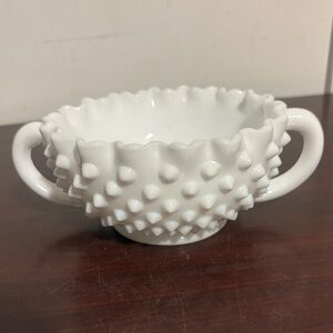 Fenton White Hobnail Double-Handled Bowl